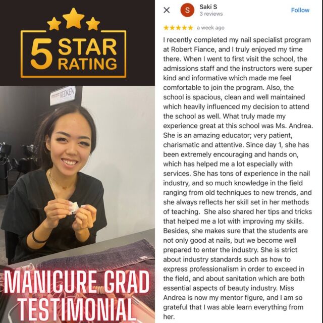⭐️⭐️⭐️⭐️⭐️ Thank you Saki and congratulations on graduating the manicure program! you NAILED IT! 💅 
 
📍 @robertfianceflorida