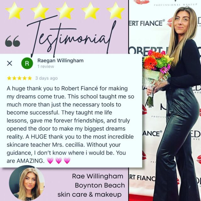 ⭐️⭐️⭐️⭐️⭐️ @raeehope 
👏 Rae, you are amazing! Your energy, your smile , your radiance and your passion for everything you do will take you places far beyond what you’ve dreamed of. This industry will change your life if you believe in it and always stay true to who you really are. You are a star and I’m so happy for you and proud that Robert Fiance Beauty Schools will be written forever in this chapter of the best selling book you’re writing called life.  Best of luck and success and continued happiness , paul. 

📍 @robertfianceflorida